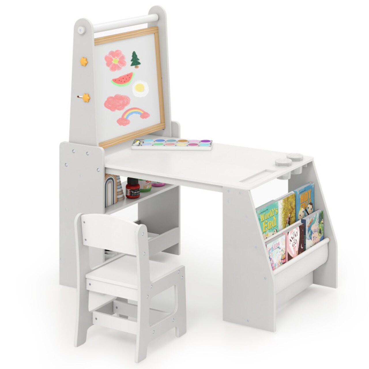 Kids Art Table and Chair Set with Whiteboard Chalkboard Easel Storage and Paper Roll for Drawing